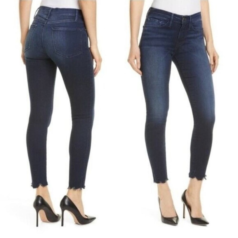 Frame Le Skinny de Jeanne Mid Rise Dark Wash Raw Edge Step Hem Jeans Size 27